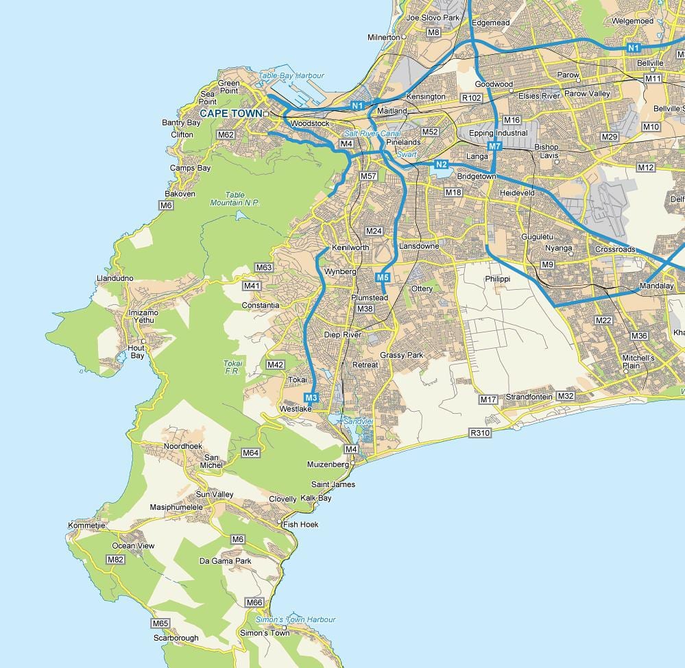 kaart van die diep rivier Kaapstad