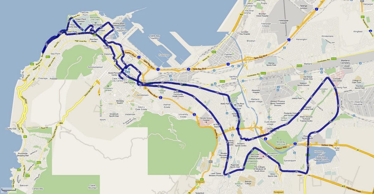 kaart van die Kaapstad marathon roete 