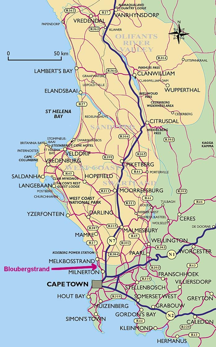 kaart van die wes-kus Kaapstad