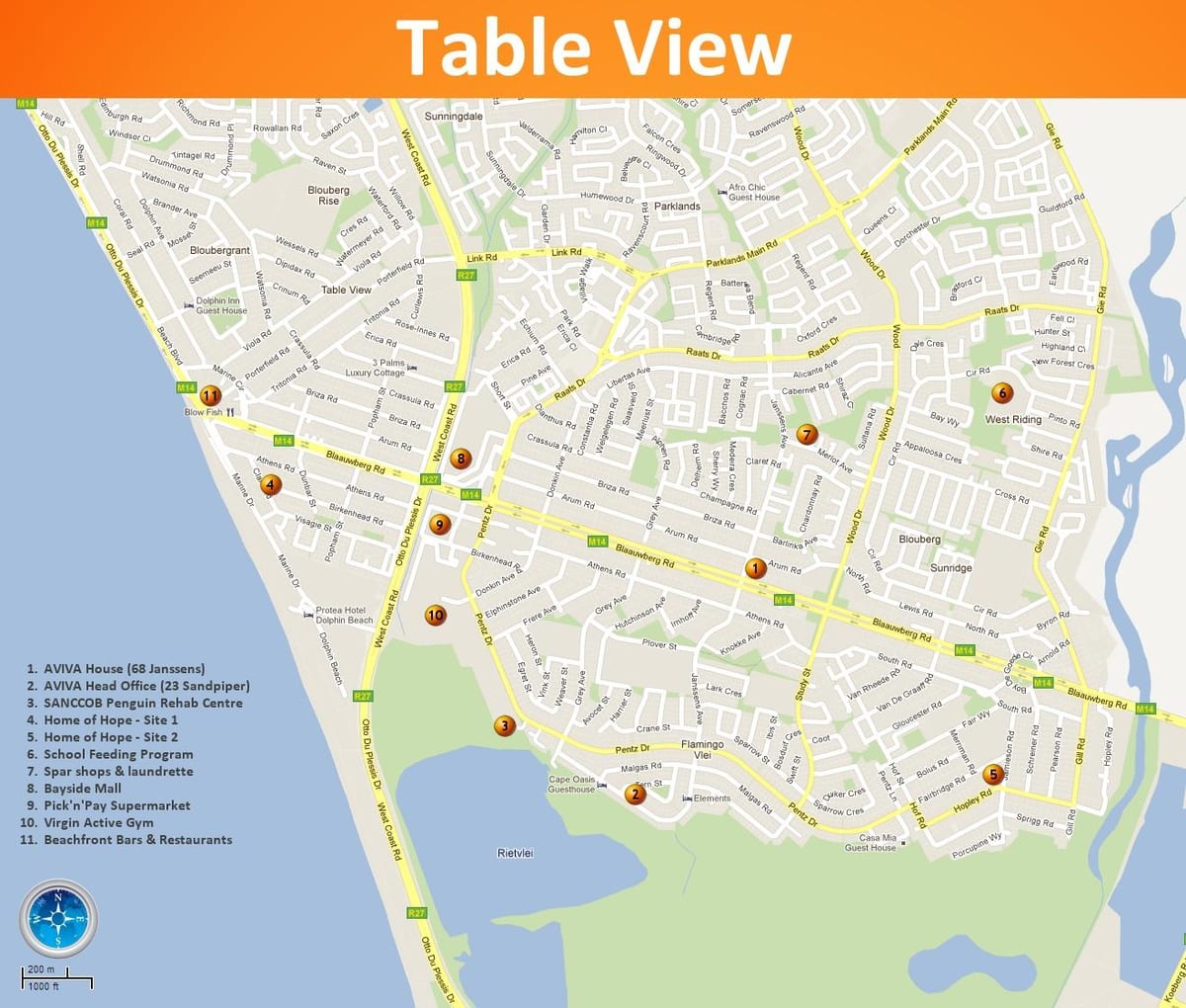 kaart van table view Kaapstad