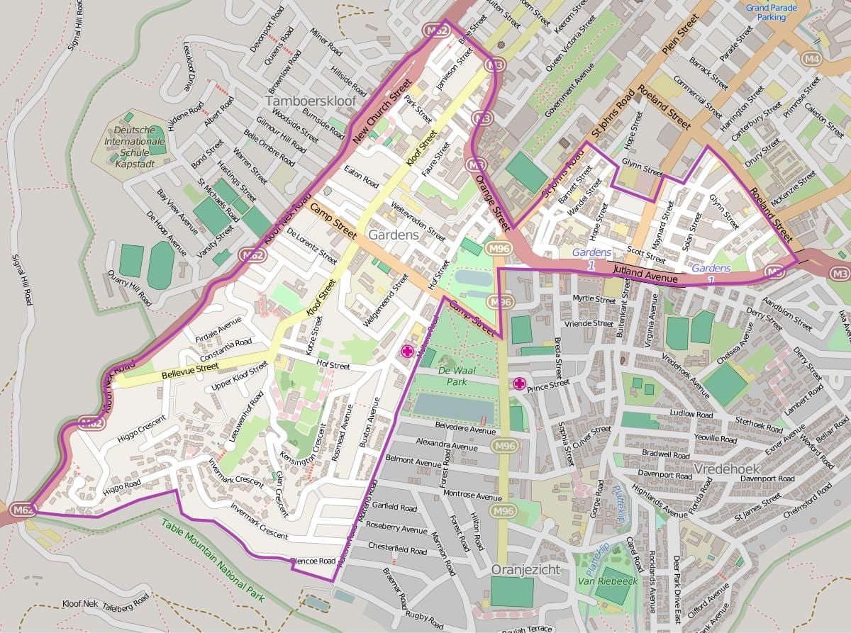 kaart van tamboerskloof in Kaapstad