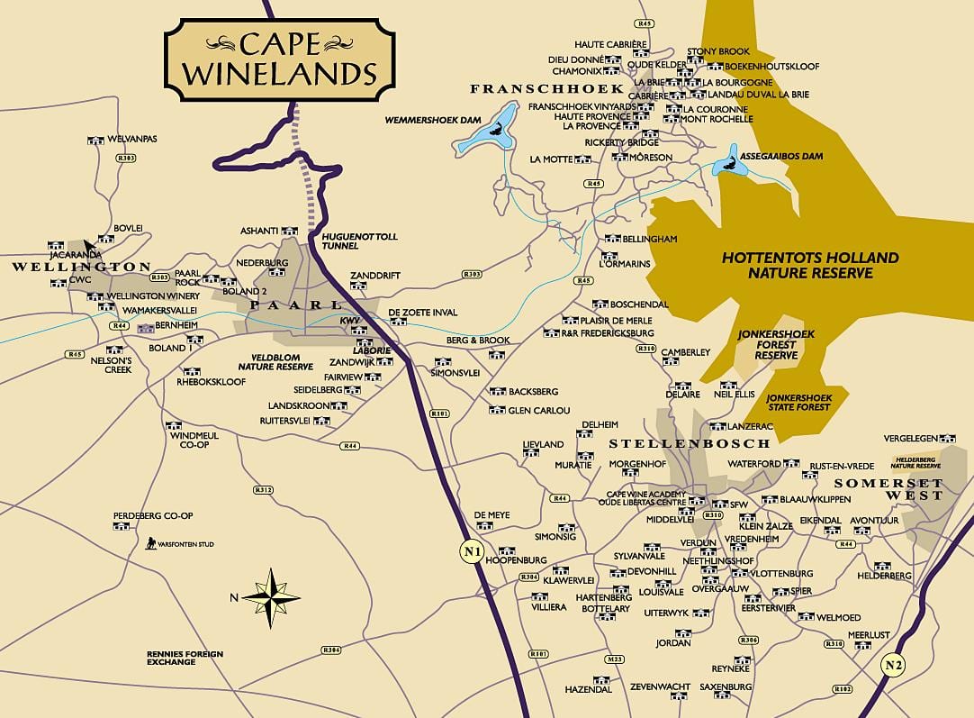 kaart van die wynland Kaapstad